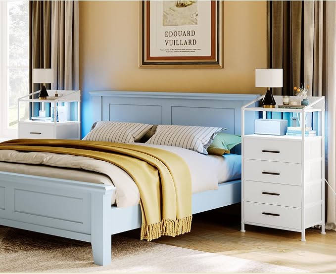 Nightstand 4 Drawer Dresser with LED Lights and Charging Station, Vertical Side Table with Fabric Drawers, End Table with Open Shelf, Tall Dresser for Bedroom, Hallway, Entryway, White - Image 2