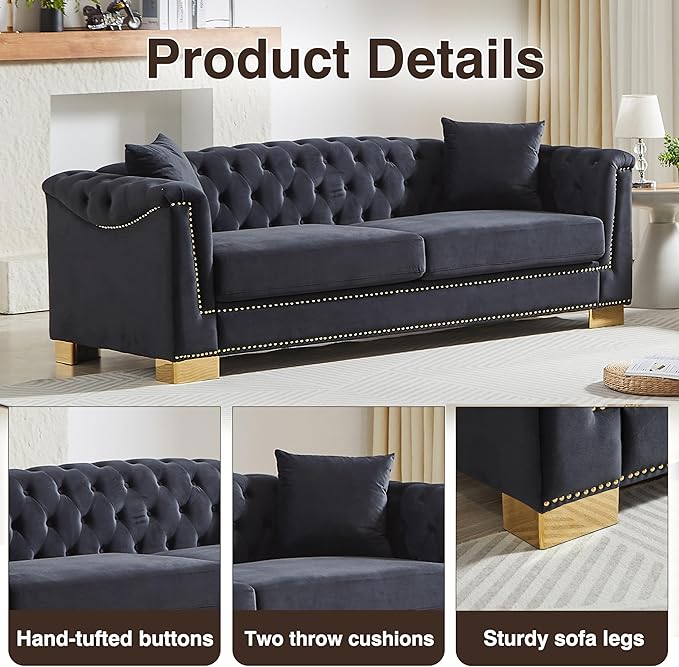 KEIKI 84" Chesterfield Sofa, Upholstered 3 Seat Couch with Rolled Arm for Living Room, Bedroom, Office, Black