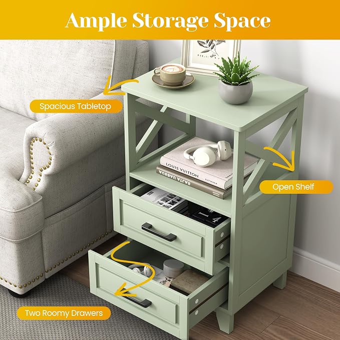 May in Color White Nightstand, Tall Bedside Table, Farmhouse Side Table with Storage Drawers and Open Shelf, Wooden Rustic End Table Cabinet for Bedroom, Home Office, Green - Image 4