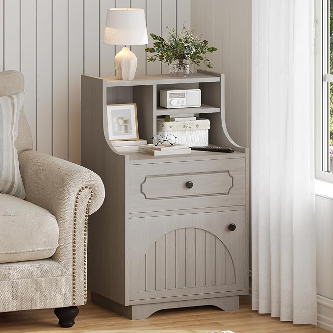4ever2buy Farmhouse Nightstand Set of 2 with Hutch, 30 inch Tall Nightstands with Storage, End Tables Bedside Tables for Bedroom, Wash Grey - Image 3