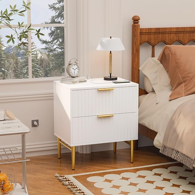 HQZX White Nightstand Set of 2 with Charging Station, Fluted Nightstand with Drawers, Modern Bedside Table with Gold Legs, End Table for Bedroom - Image 6