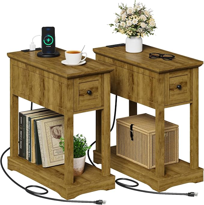Nightstand Set of 2 with Charging Station, Side Table with Storage, Thicken Base, for Bedroom, Brown by Draelibor