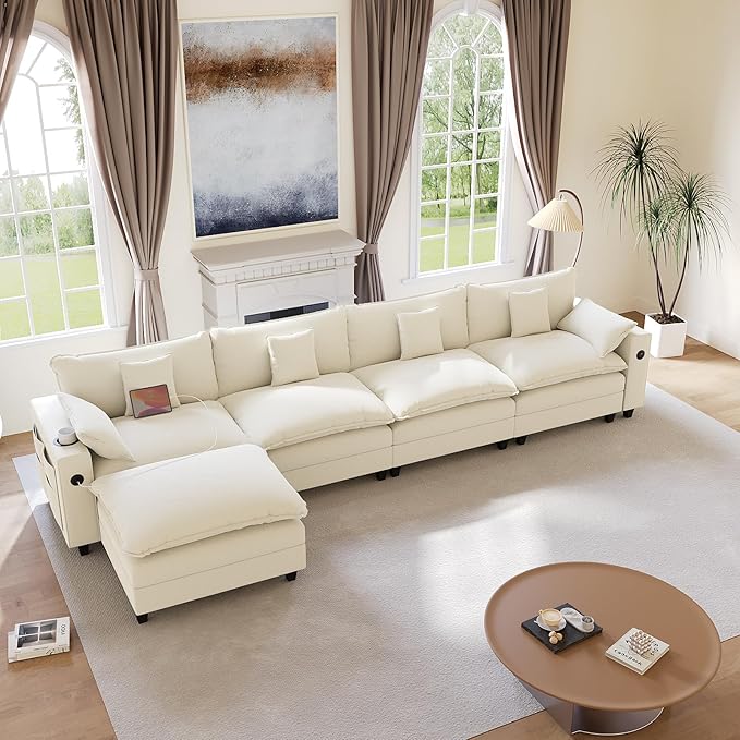 152" Modular Sectional Sofa, L Shaped Cloud Couch with Movable Ottoman, Chenille Deep Seat Cloud Sofa with Charging Station, Cup Holder, Side Pocket, Sectional Couches for Living Room, Beige