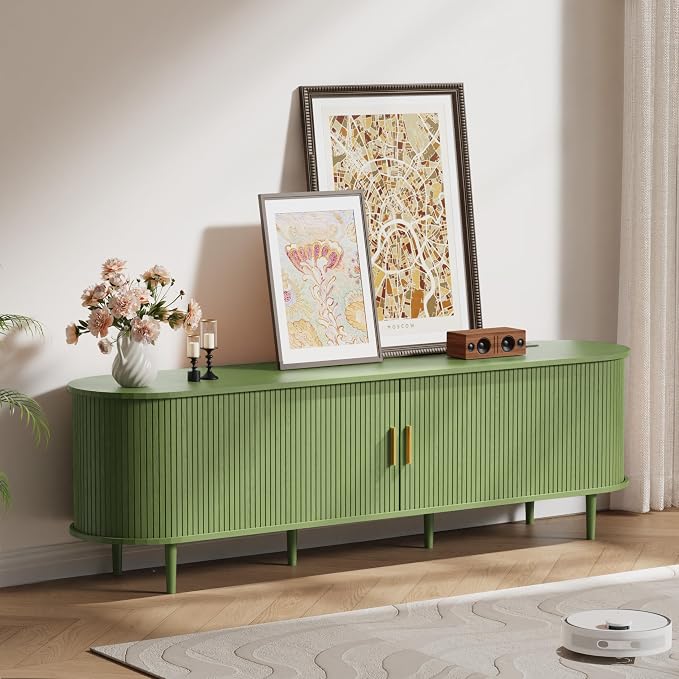 DHH 70.8 Inch Mid Century Modern TV Stand with Power Outlet for TVs up to 80 Inch, Entertainment Center with Storage and Adjustable Shelves, Media Console with Sliding Doors for Living Room(Green) - Image 7