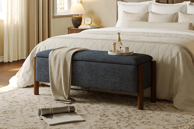 Modern Storage Benches with Walnut Wood Legs, 47'' Ottoman Bench with 20 Gallons Storage Space for Bedroom End of Bed, Fabric Upholstered Entryway Bench with Seating for Livingroom, Blue by Quenvo