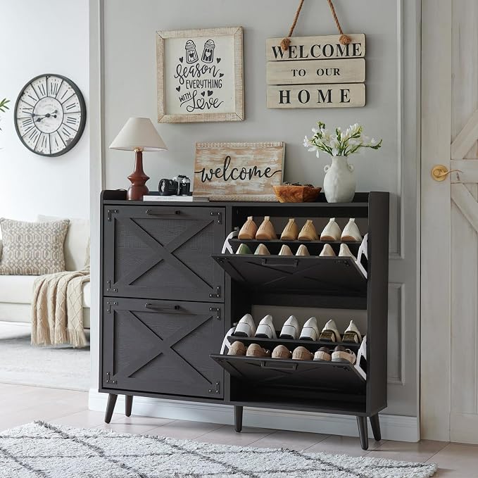 Barnyatoh Shoe Storage Cabinet,Farmhouse Shoe Organizer with 4 Flip Drawers & Barn Door Design,Freestanding Hidden Slim Narrow Shoe Rack Cabinet for Entryway,Foyer,Hallway,Black by Barnyatoh