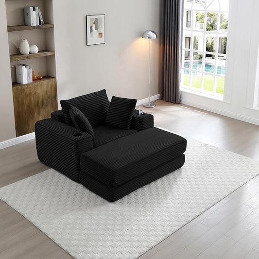 Eafurn 52.4" Oversized Chaise Lounge Indoor with Foldable Ottoman Convertible Boneless Sleeper Sofa Bed, Deep Seat Lounge Chair with Cup Holder & Side Pocket, No Assembly for Living Room | Breathable material, Cupholders