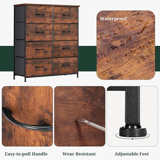 8-Drawer Dresser for Bedroom, Anti-Tip Tall Storage Organizer Chest of Drawers with Wooden Top and Metal Frame Fabric Bins for Closet, Living Room, Hallway, Entryway, Brown - Image 7