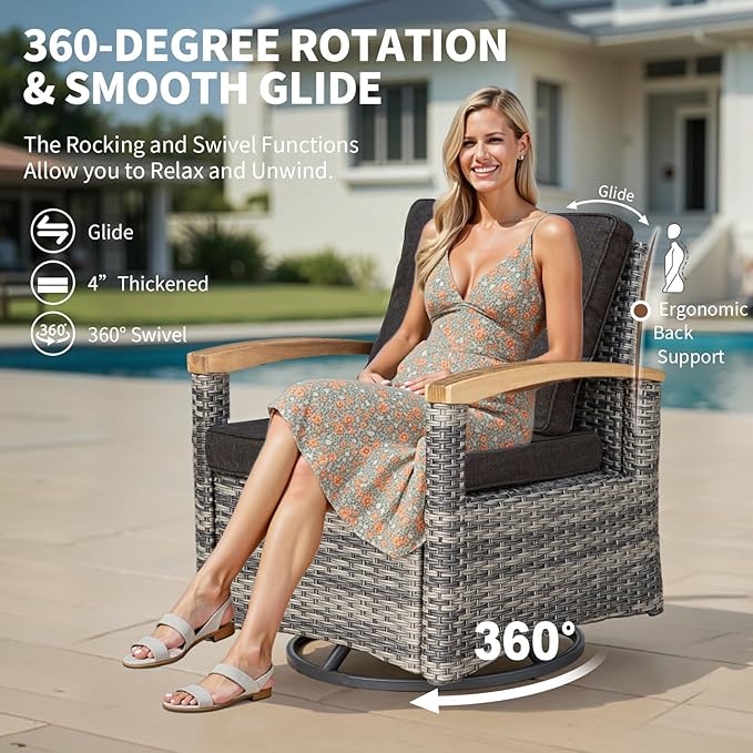 MEISSALIVVE 7 Pieces Patio Furniture Sets, PE Wicker Outdoor Conversation Sets with 2 Wood Armrests Swivel Rocker Chairs, 2 Ottomans, 2-seat Sofa and Dining Table (Black)