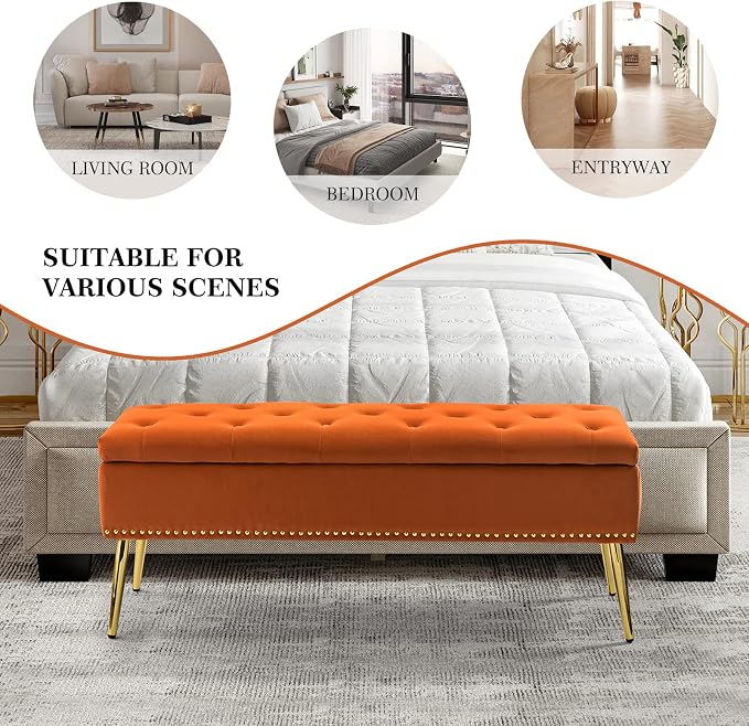 HULALA HOME Modern Velvet Storage Ottoman Bench with Gold Base & Nailhead Trim, Upholstered Bedroom Bench for End of Bed, Button-Tufted Footstool for Entryway Living Room Dining Room, Orange - Image 6