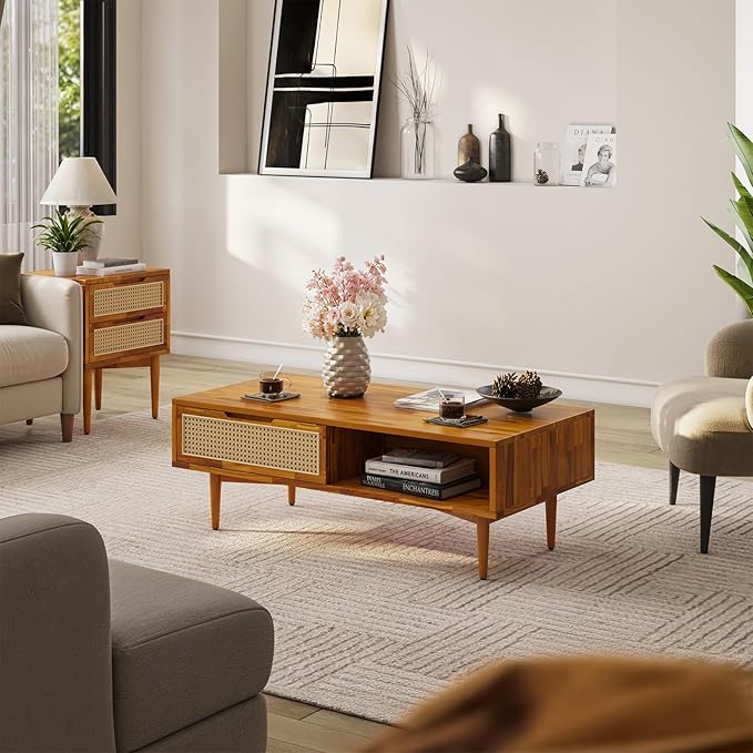 Bme Oliver Solid Wood Coffee Table with Rattan Accent – 2 Drawers and Open Shelf, Mid Century Storage Table with Adjustable Legs – Caramel