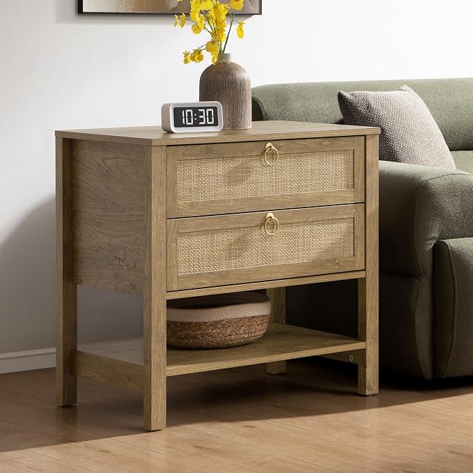 SICOTAS Night Stand with Drawers and Storage Shelf - Large Nightstands Rattan Decor Boho Bedside Table Narrow Side Table for Bedroom, Small Space by SICOTAS