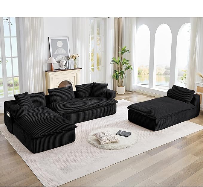 149" Oversized U Shaped Cloud Modular Sectional Sofa Boneless Couch with Double Chaise,Free Combination Convertible Floor Sofa Bed with Storage Pockets and Pillows | No Assembly
