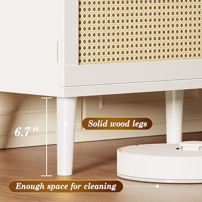 SUPERJARE TV Stand for 65 Inch TV, Entertainment Center with Adjustable Shelf, Rattan TV Console with 2 Cabinets, Media Console, Solid Wood Feet, 4 Cord Holes, for Living Room, White - Image 6
