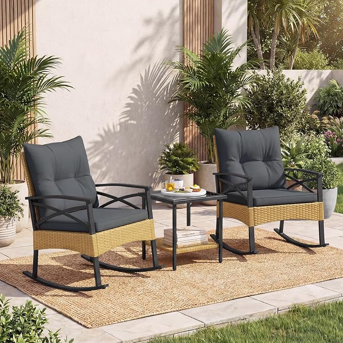 Tangkula 3 Pieces Outdoor Rocking Chairs Set, Rattan Heavy Duty Cushioned Rocker Chairs with 2-Tier Tempered Glass Coffee Table, for Garden, Balcony, Backyard (Yellow+Gray) - Image 2