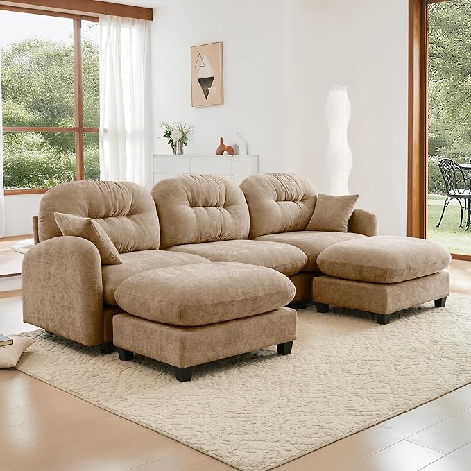 KEIKI 107" U-Shaped Oversized Chenille Modular Sectional Sofa with 2 Ottoman, High-Density Foam Cushions, Tufted Pleated Cushion Backrest, Modern 3-Seater Couch with 2 Pillow, for Living Room, Camel
