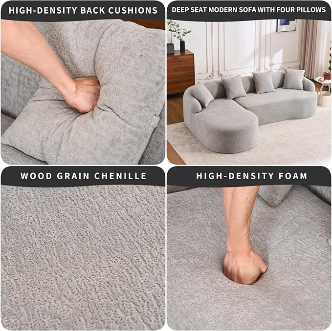 KEIKI L-Shaped Chenille Modular Sectional Couches with Chaise Lounge & 4 Pillows, 3 Seater Oversized Upholstered Luxury Plush Cloud Sofa for Living Room Apartment, Full Sponge Compression