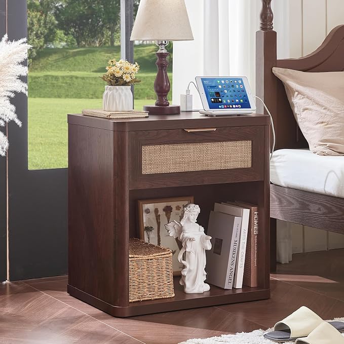 LEYAOYAO Rattan Nightstands Set of 2 with Charging Station, Walnut Night Stand with Drawer, 23" Wide Boho Bedside Table with Storage Shelf, Bed Side End Tables for Bedroom, Living Room, Hallway - Image 4
