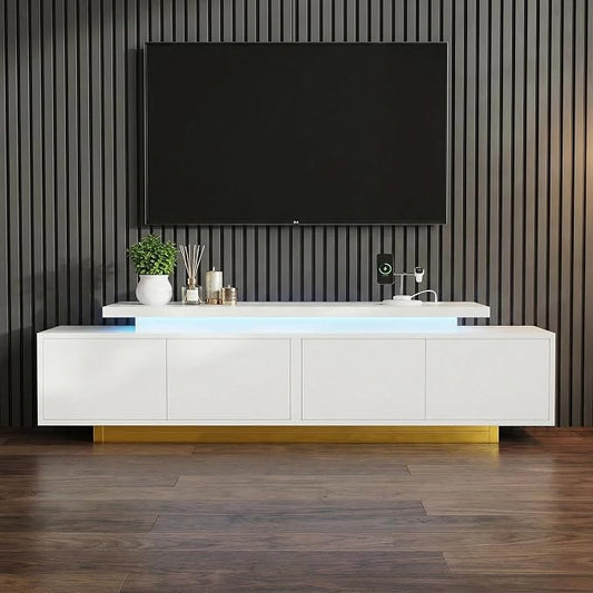 LIKIMIO Extendable TV Stand for 65-90 Inches TVs, Adjustable Length 63''-94.5'', Modern White Entertainment Center with Storage Cabinets, Charging Station & LED Lights, Media Console for Living Room by LIKIMIO