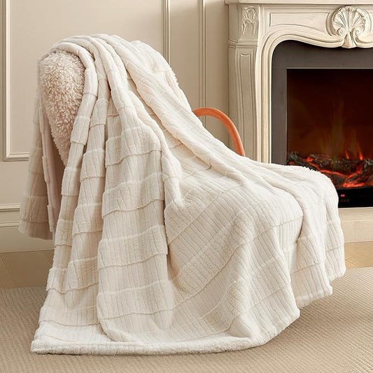Amélie Home Luxury Striped Faux Fur Throw Blanket for Couch, Soft Cozy Fuzzy Fluffy Soft Plush Blankets Sofa Chair Gift Blankets for Women, 55"x70", Ivory