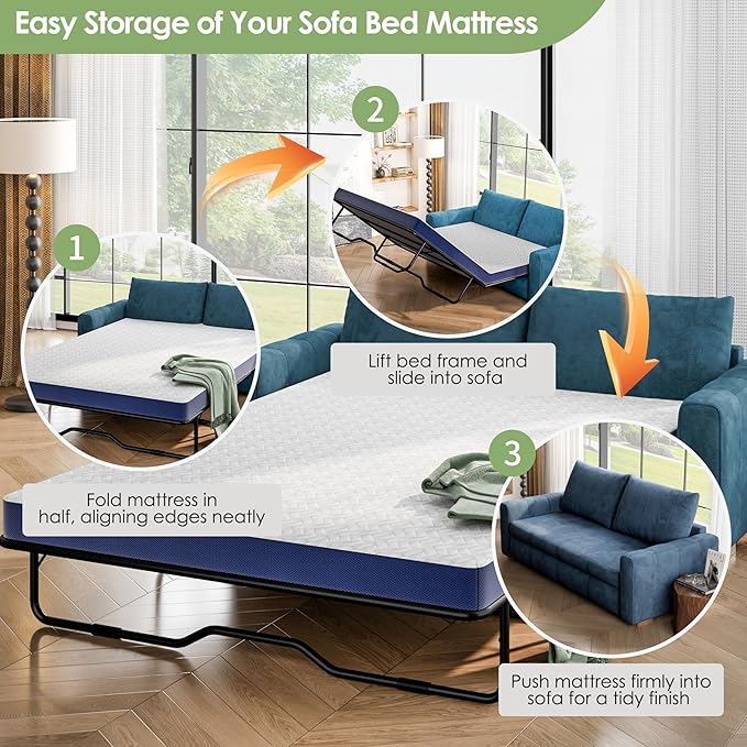 4 Inch Gel Memory Foam Sofa Mattress Queen Size, Mattress Replacement for Sleeper Sofa, Couch Bed, Guest Rooms, RVs & Boats, with Washable Cover