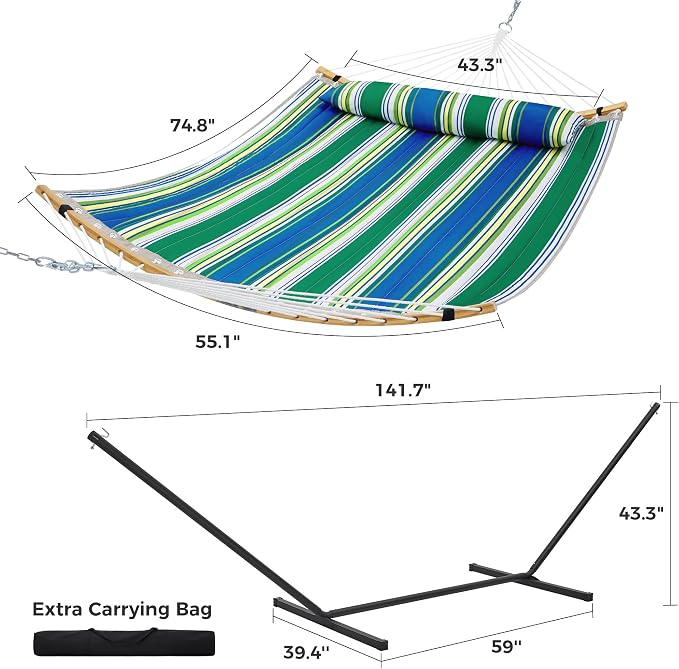 SUPERJARE Curved-Bar Hammock with Stand, 2 Person Heavy Duty Hammock Frame, Detachable Pillow & Portable Carrying Bag, Perfect for Outdoor & Indoor, Green Bold Stripe - Image 8