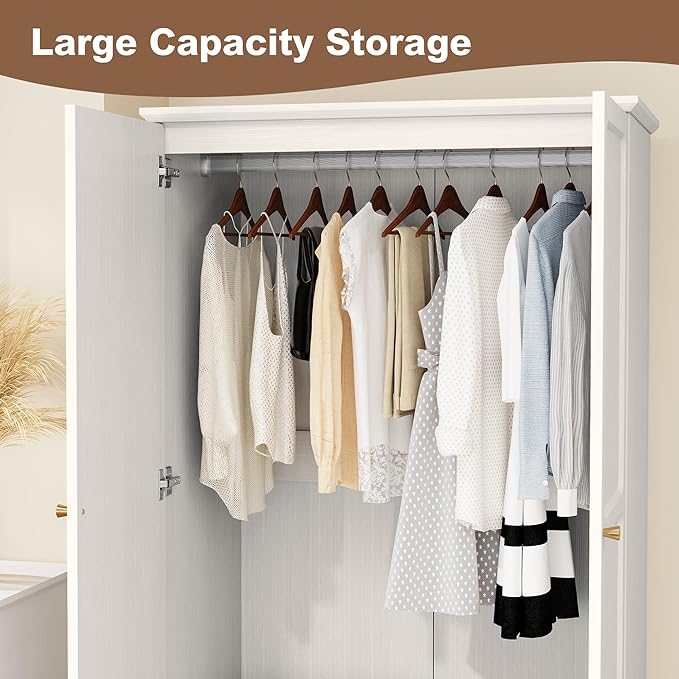 HLR 71" Mid-Century Modern Armoire Wardrobe Closet with Doors and Drawers,Wooden Armoire Storage Cabinet with Hanging Rod for Bedroom,Large Capacity Storage,White