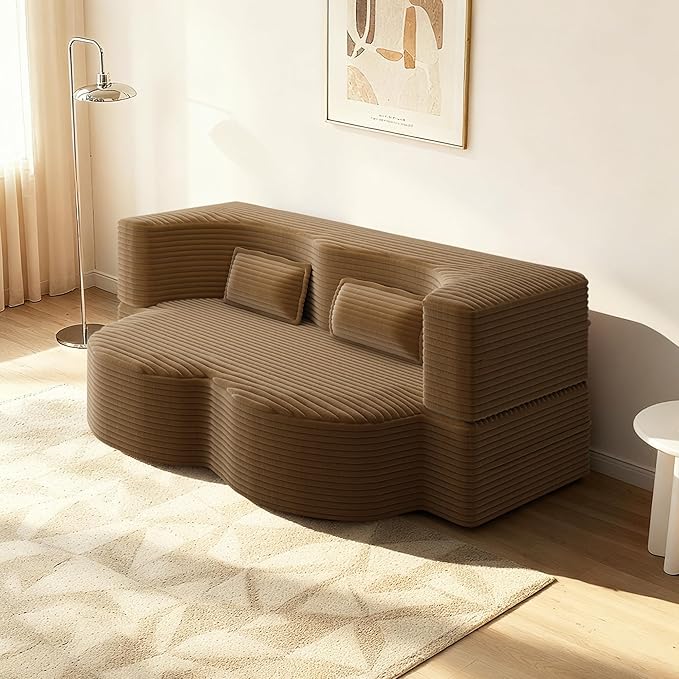 78" Convertible Sofa Bed, 2-in-1 Folding Floor Couch with 2 Pillows, Sleeper Sofa for Living Room and Bedroom, No Assembly Required (Camel, Corduroy Fabric)
