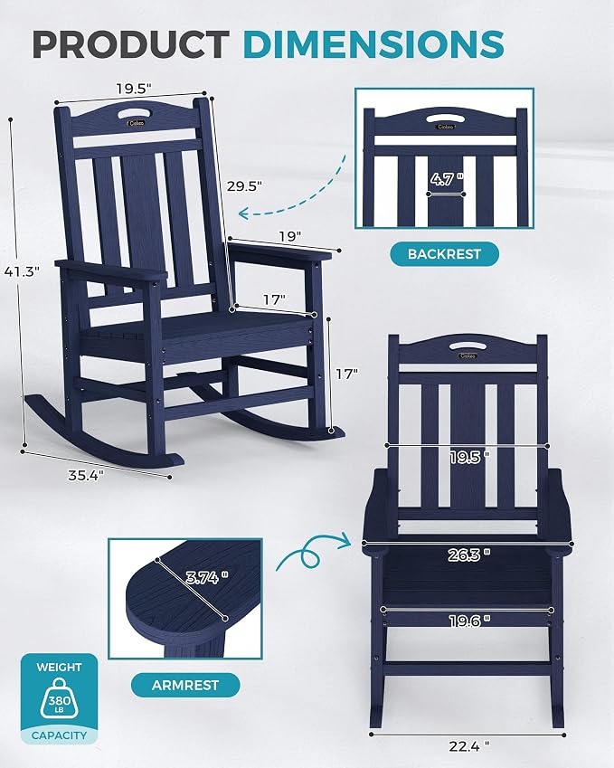 Ciokea Oversized Outdoor Rocking Chair, 380lbs Heavy-Duty Large Patio Rocker, Weather Resistant & Anti-Fade Porch Chair, High Back Cozy Rocking Chair for Outside, Fire Pit, Deck, Garden, Navy Blue - Image 2