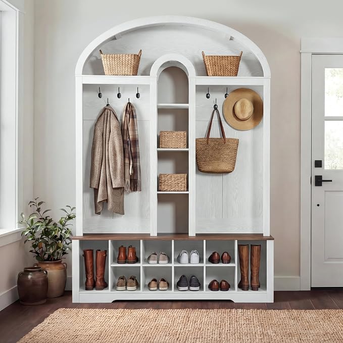 YITAHOME 59" W Hall Tree with Shoe Storage, Arched Entryway Bench with Coat Rack, 10 Shoe Cubbies Shelves & 10 Coat Hooks, Shoe Storage Bench for Entryway Hallway,White by YITAHOME