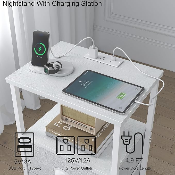 sthmec Nightstand with Charging Station, LED Night Stand Set 2, Bedside Table End Tables Set of 2, Bedroom Tables with 2 Fabric Drawers PU Finish, 3-Tier Storage Side Table for Bedroom,White - Image 4