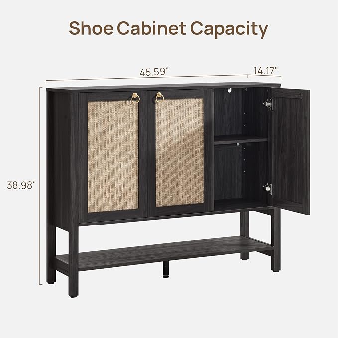 SICOTAS Farmhouse Shoe Cabinet with Storage - 2 Pieces Large Rattan Shoe Organizer with Adjustable Shelves & 3 Doors, Boho Shoe Rack Cabinet for Entryway, Hallway, Living Room (Obsidian) - Image 2