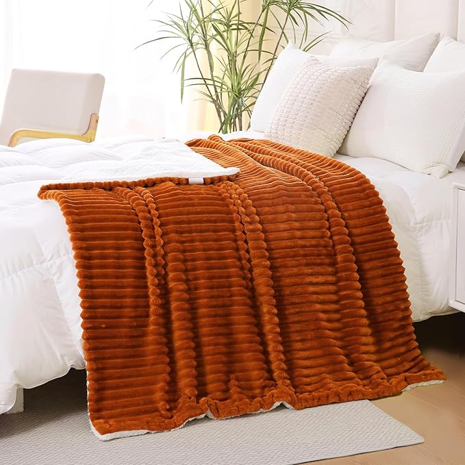 Burnt Orange Sherpa Fleece Throw Blanket 60”×80” for Couch Sofa Bed,Double Side Soft Cozy Plush Thick Flannel Blanket with Striped Design,Gift for Adults,Woman,Girls