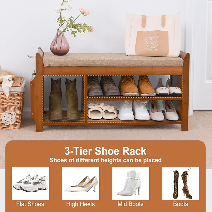 PETKABOO Shoe Bench with Hidden Drawer and Side Holder, 2 Tier Entryway Bench with Storage 39.4 in, Bamboo Shoe Rack with Cushion for Entryway Hallway Living Room Bedroom - Image 8