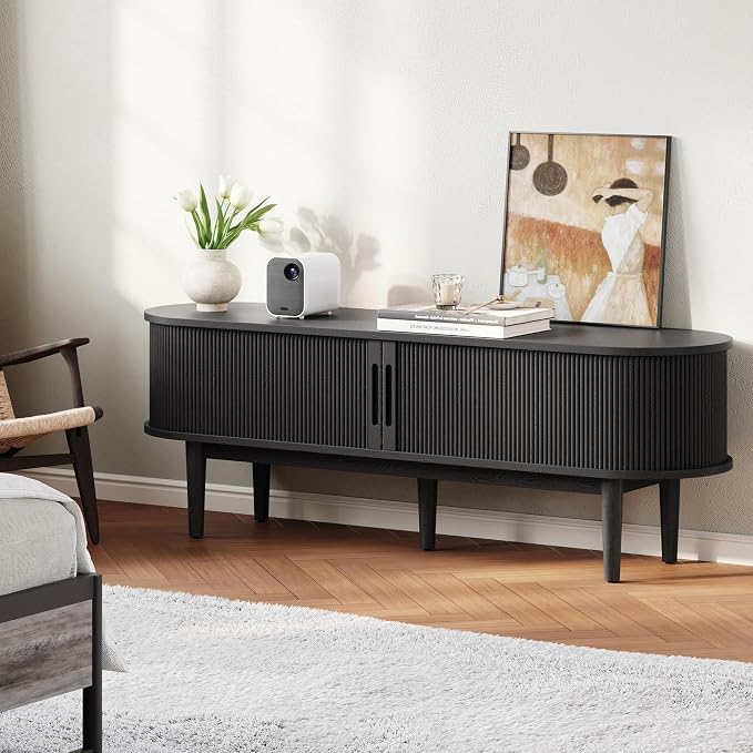 LINSY HOME 58" Fluted TV Stand for TVs up to 65 Inch, Mid Century Modern Entertainment Center with Storage Cabinet and Sliding Doors, Farmhouse Wood Media TV Console for Living Room, Bedroom, Black - Image 5
