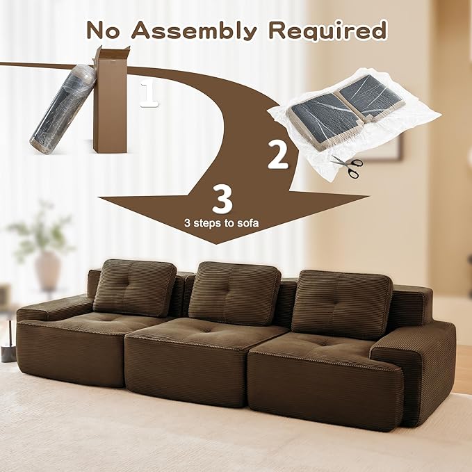 Casaphoria 115'' Brown Corduroy Sofa, Boneless Sectional Couch with 3 Pillows for Modern Living Room, Deep Seat Sofa No Assembly Modular Cloud Couch