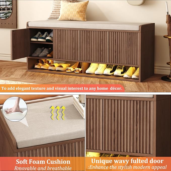 HOMEFORT 47.2" Fluted Shoe Storage Bench, Entryway Bench with Linen Seat Cushion, Shoe Cabinet Bench with Adjustable Shelf and Built-in LED Sensor Light, Bench for Bedroom End of Bed, Walnut - Image 7