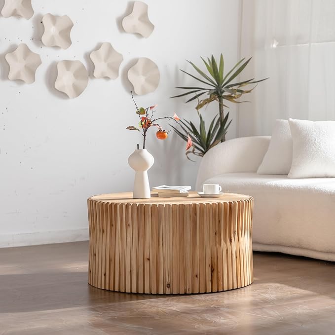 Round Wood Coffee Table, Drum Center Table with Fluted Pattern, 31.5 Inch Farmhouse Circle Coffee Table for Living Room, Office, Outdoor, Natural