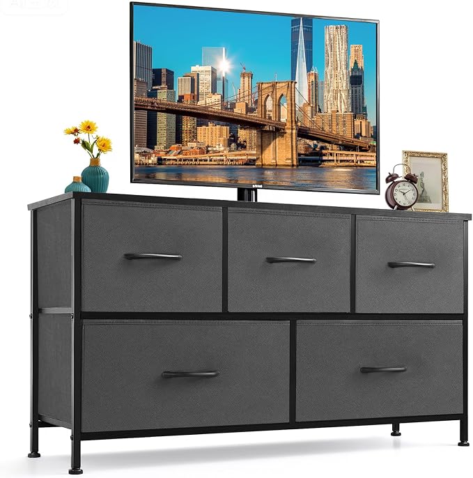 5-Drawer Dresser for Bedroom, Anti-Tip Wide Storage Organizer Fabric Chest of Drawers TV Stand for 45" TV with Wooden Top and Metal Frame for Closet, Living Room, Hallway, Entryway, Gray by SageNest