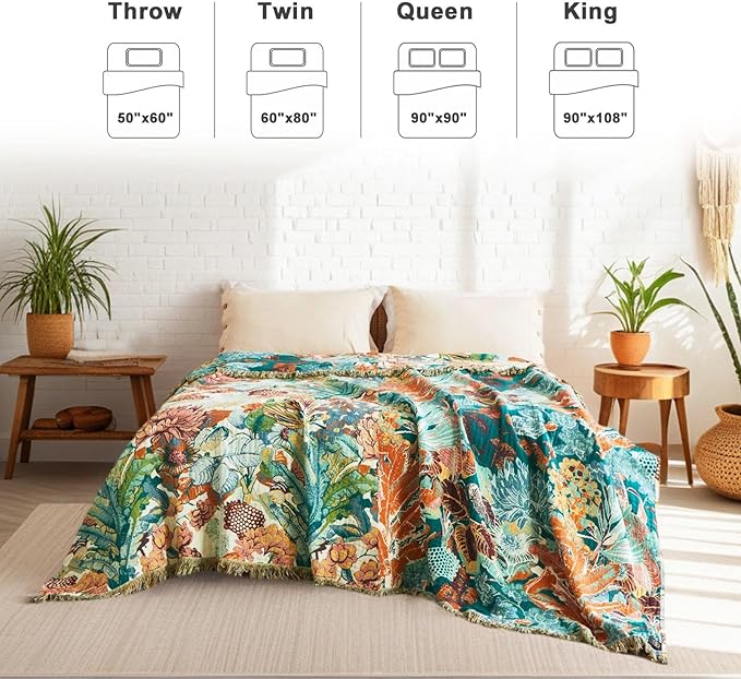 LUTBM Boho Throw Blanket for Couch Sofa Chair Cotton Spring Blankets for Bedroom Living Room All Season Soft Lightweight Reversible Botanical Floral Embroidery Decorative Throws 50"x60" Home Decor