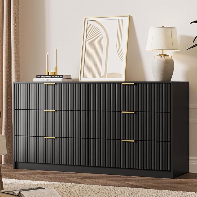 MAISONARIA 3-Piece Dresser Bedroom Set, 6 Drawer Dresser & 2 Drawer Nightstands with Gold Handles, Fluted Wood Chest of Drawers for Bedroom, Living Room, Entryway, Black