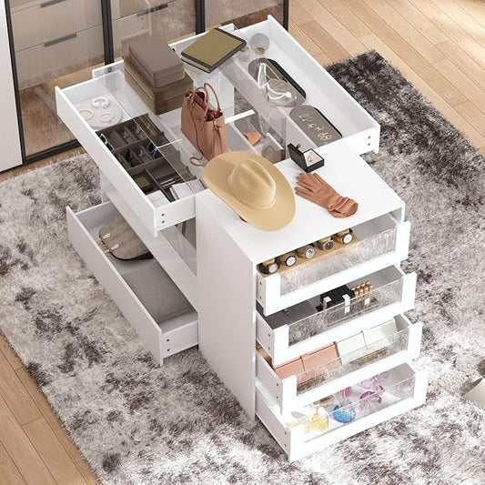 Armoire Bedroom Island Wardrobe Closet Island with 8 Drawers & Glass Tabletop, Walk in Closet Island with Drawers, Island Dresser with Display Shelf, for Bedroom White 47.2”W x 23.6”W x 31.5”H