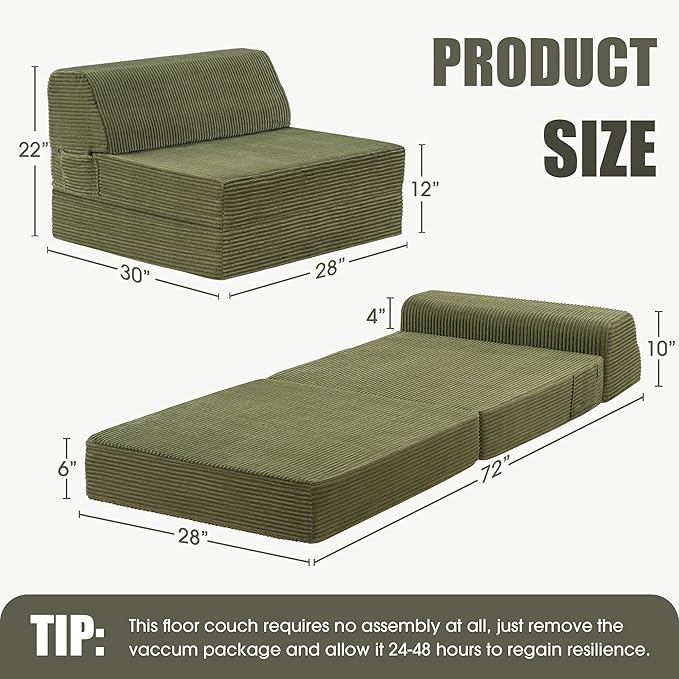 Folding Sofa Bed with Pillow, Memory Foam Fold Out Chair Bed, Convertible Sleeper Chair with Washable Cover, Futon Floor Couch for Living Room/Dorm/Guest Use/Home Office/Apartment, Green