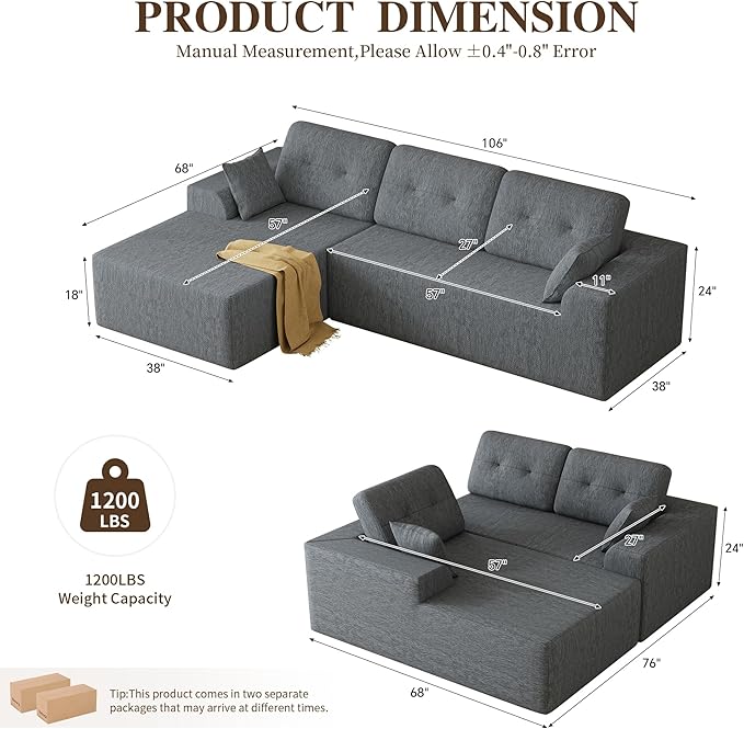 Ball & Cast 106" Boneless Sectional Sofa, Chenille Modular L Shaped Couch with Deep Seat Chaise, Cloud Style Oversized Sectional Couch for Living Room, No Assembly, Left Facing, Grey