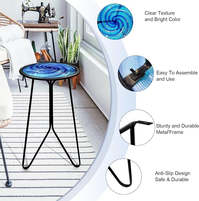 LIFFY Patio Side Table, Small Round End Table, Metal Side Table Outdoor, Small Porch Table for Indoor Balcony Furniture Decor (Blue 12 inch) - Image 5