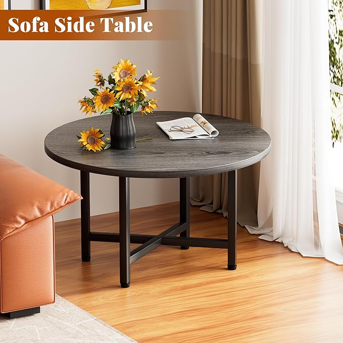 Coffee Table, 23.6" Small Coffee Tables, Gray Round Coffee Tables for Living Room, Floor Table for Sitting on The Floor, Center Coffee Table with Metal Frame for Office Apartment Home