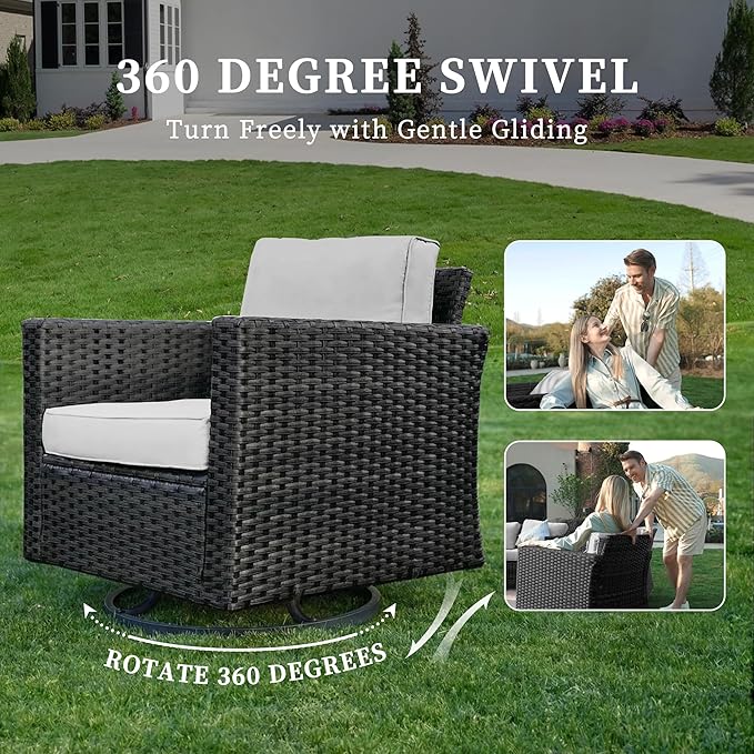 UDPATIO Patio Furniture Set with Fire Pit Table, Rocking Swivel Chairs, 5 Pieces Outdoor Furniture Sets, All-Weather Wicker Outdoor Sectional Sofa with Cover, 4'' Thickened Cushion, Light Grey