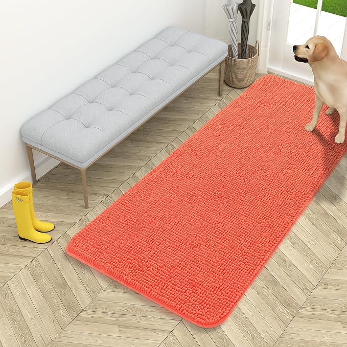 OLANLY Dog Door Mat for Muddy Paws 54x24, Absorbs Moisture and Dirt, Absorbent Non-Slip Washable Doormat, Quick Dry Chenille Mud Mat for Dogs, Entry Indoor Entryway Carpet for Inside Floor, Coral by OLANLY