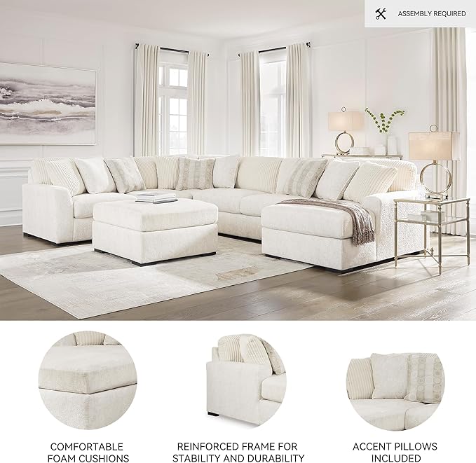 Signature Design by Ashley Chessington Modern U-Shaped Anti Sag 4-Piece Sectional with Chaise, Reversible Seat Cushions and 9 Accent Pillows, White