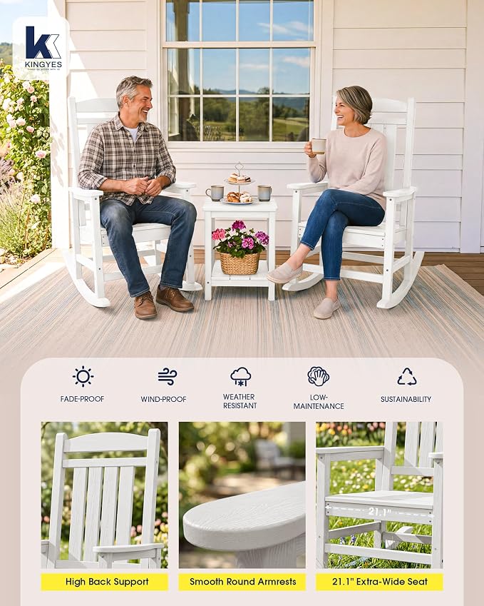 KINGYES Oversized HDPE Patio Rocking Chair Set, Outdoor Rocking Chairs Porch Rocker for Adults, White - Image 6